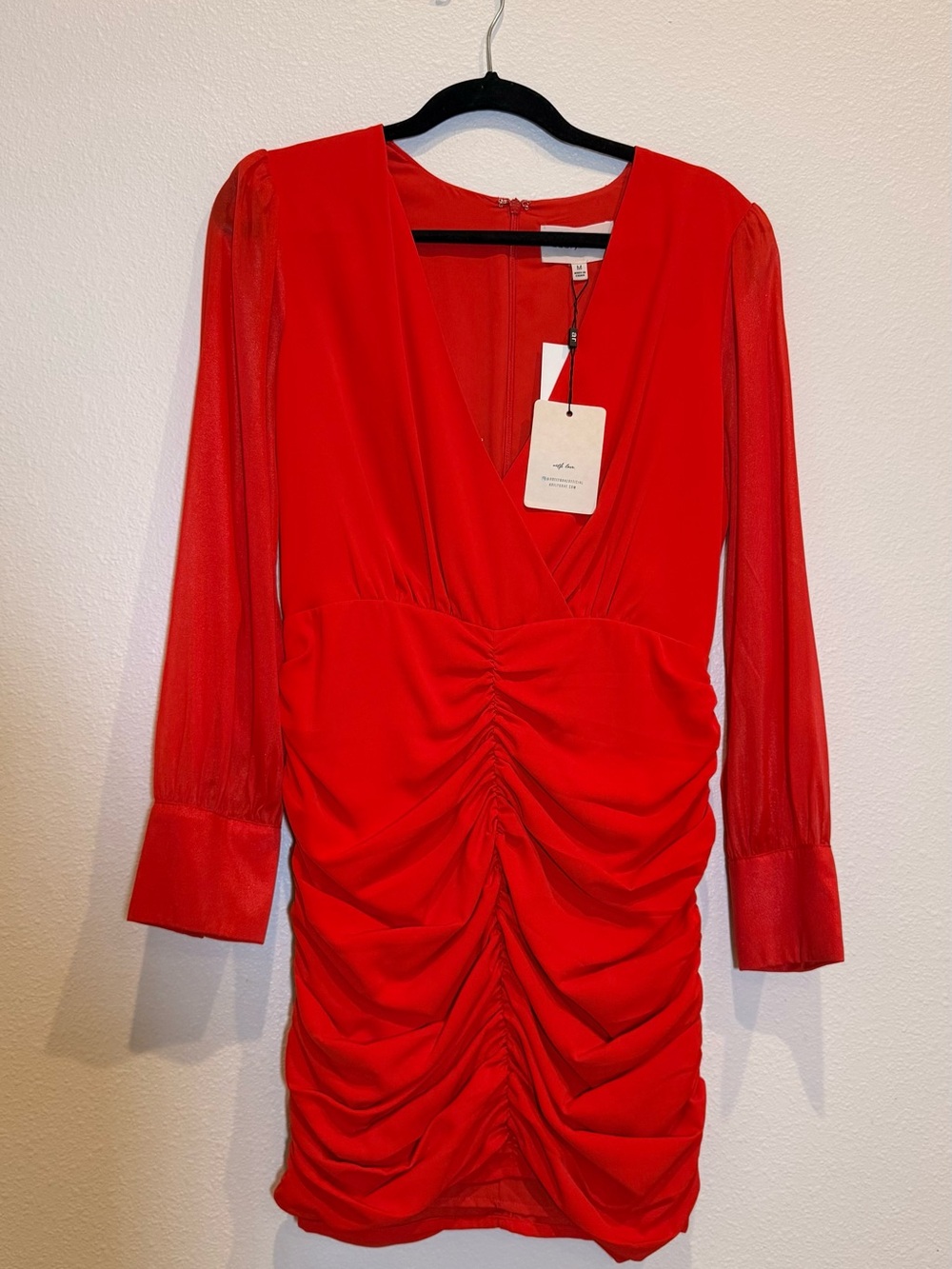 Adelyn Rae Red Ruched V-Neck Mini Dress with Sheer Sleeves